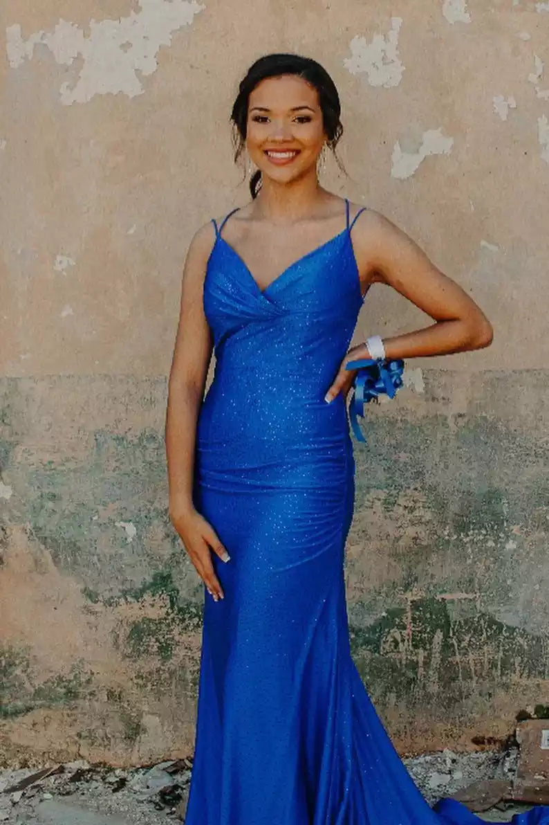 Luminous Royal Blue Sequin Mermaid Gown with Open Back & Deep V-Neckline