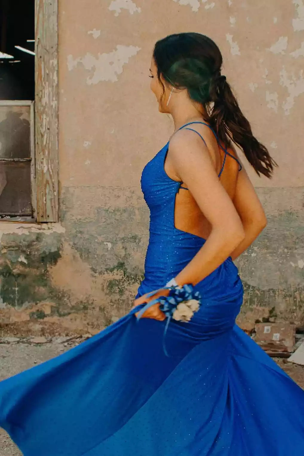 Luminous Royal Blue Sequin Mermaid Gown with Open Back & Deep V-Neckline