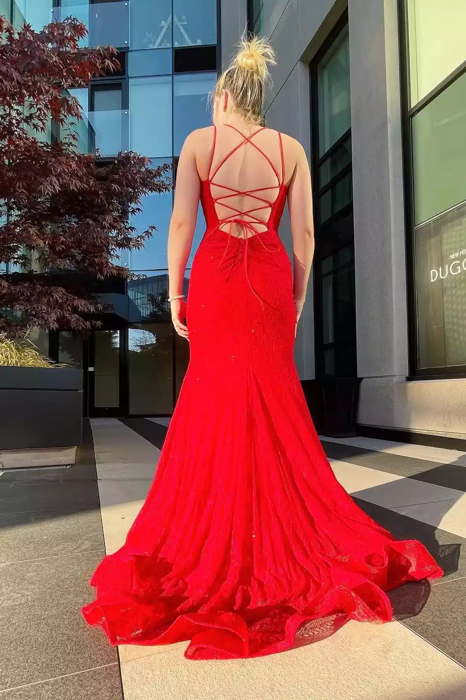 Luminous Scarlet Lace Mermaid Gown with Crisscross Back & Deep V-Neckline