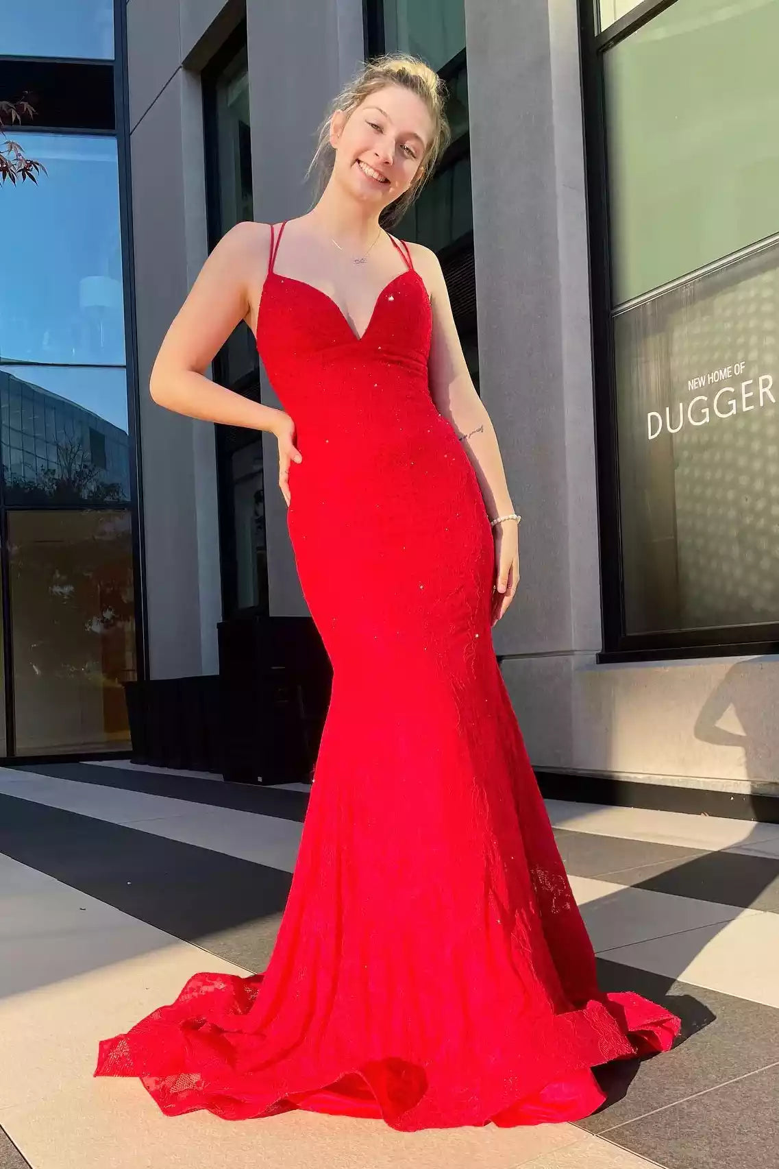 Luminous Scarlet Lace Mermaid Gown with Crisscross Back & Deep V-Neckline