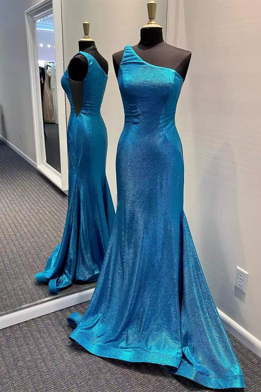 Luminous Teal Iridescent Mermaid Gown with One-Shoulder Neckline & Sweeping Train