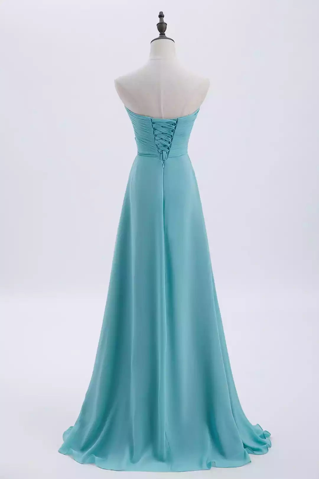 Luminous Turquoise Chiffon Gown with Strapless Bodice & Corset Back