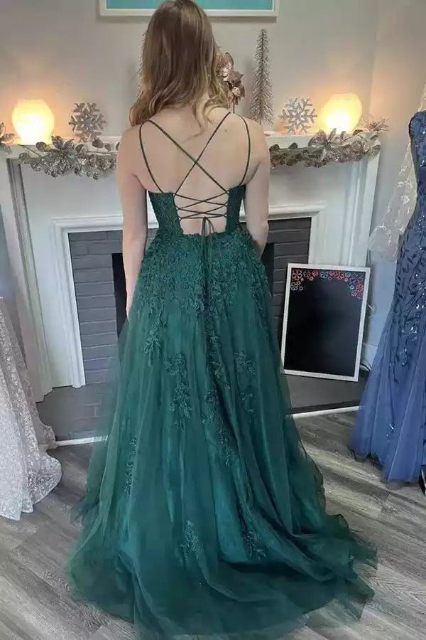 Lush Emerald Green Lace & Tulle Gown with Crisscross Open Back