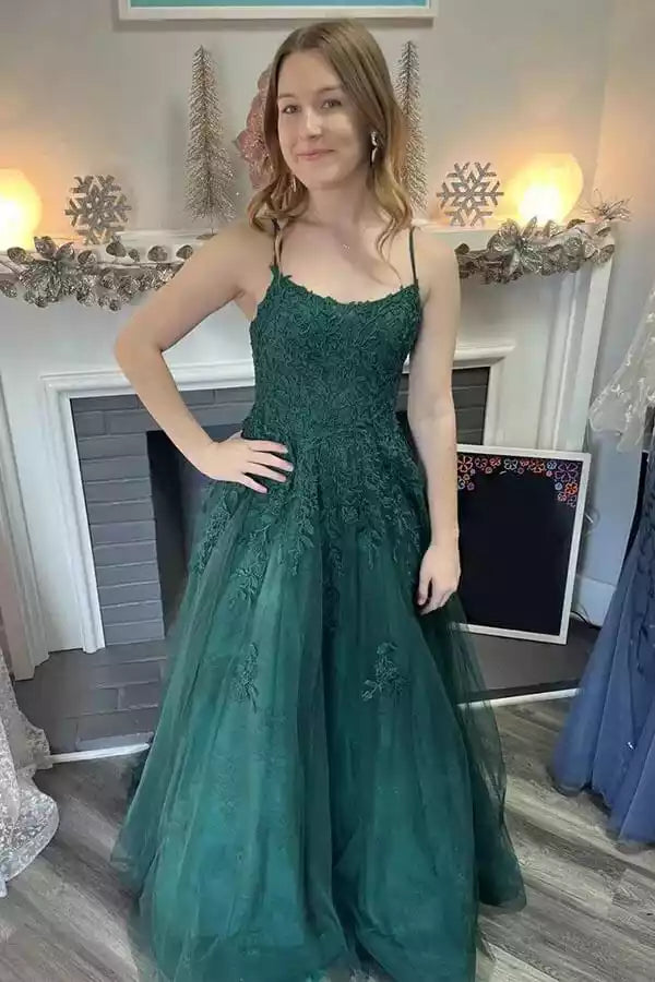 Lush Emerald Green Lace & Tulle Gown with Crisscross Open Back