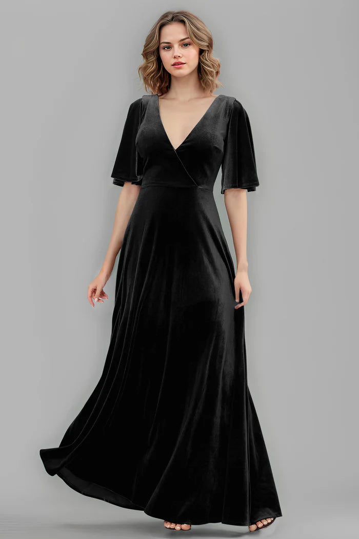 Luxe A-Line Deep-V Flared-Sleeve V-Back Floor-Length Bridesmaid Dresses