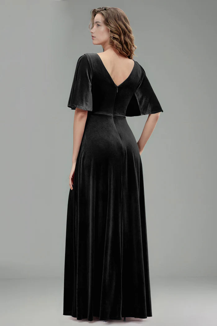 Luxe A-Line Deep-V Flared-Sleeve V-Back Floor-Length Bridesmaid Dresses