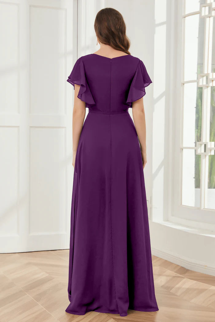 Luxe A-Line Deep V-Neck Flutter-Sleeve Closed-Back Plum Chiffon Floor-Length Bridesmaid Dresses