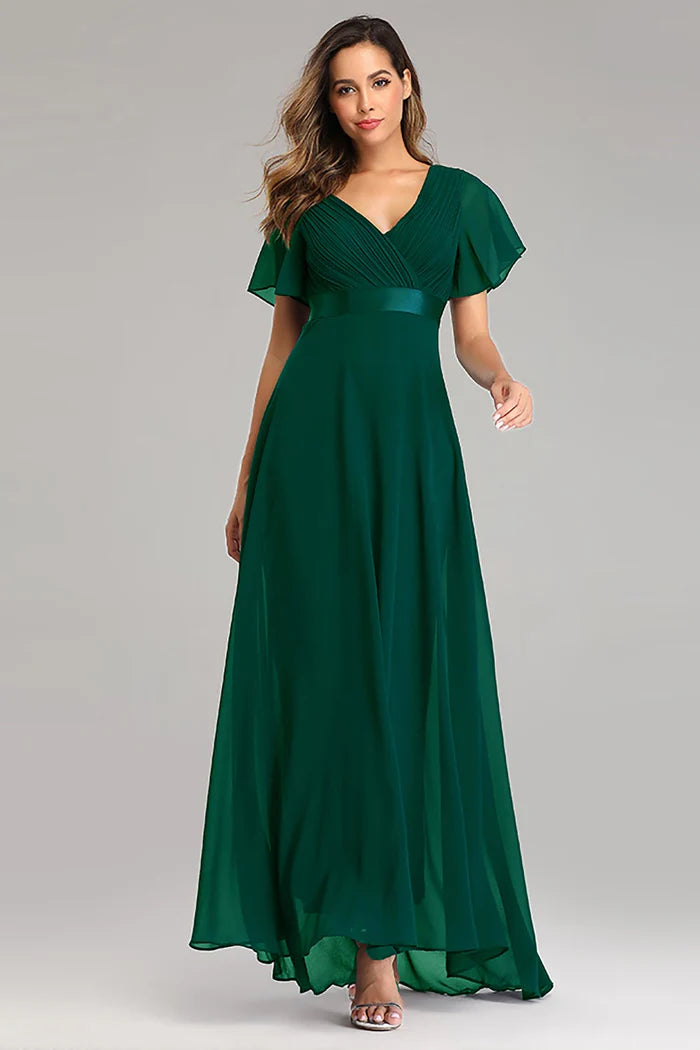 Luxe A-Line Deep V-Neck Flutter-Sleeve Open-Back Emerald Chiffon High-Low Bridesmaid Dresses