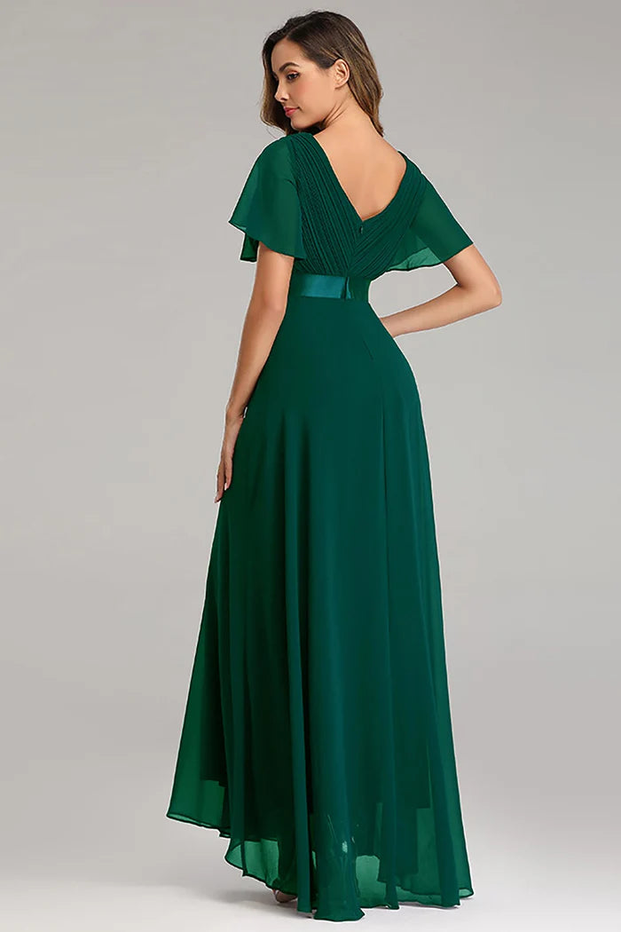 Luxe A-Line Deep V-Neck Flutter-Sleeve Open-Back Emerald Chiffon High-Low Bridesmaid Dresses