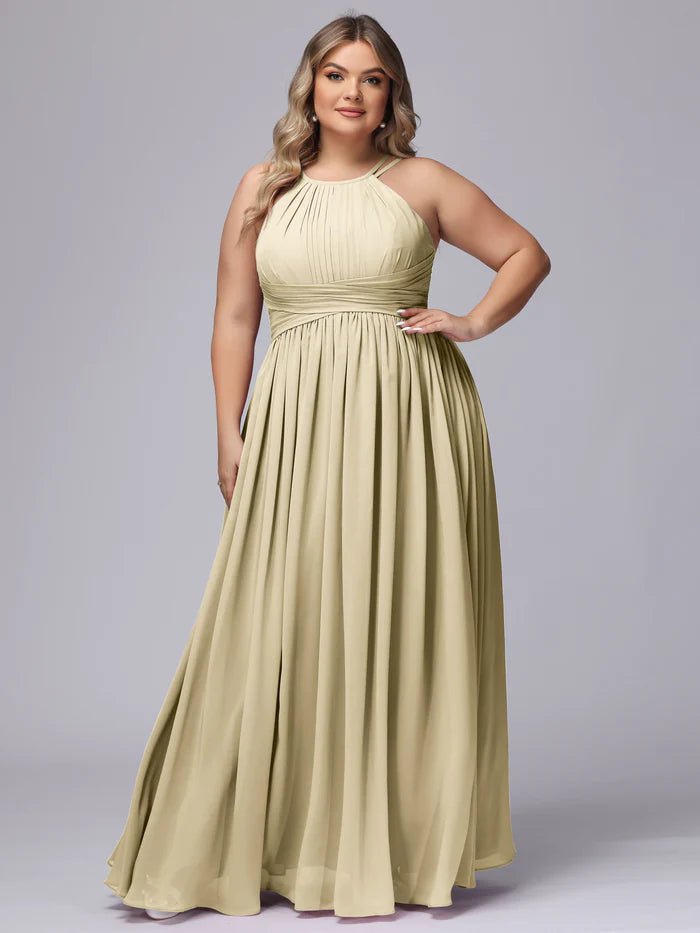 Plus Size Luxe A-Line Halter-Neck Sleeveless Crisscross-Back Sage Chiffon Floor-Length Bridesmaid Dresses