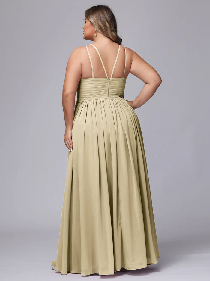 Plus Size Luxe A-Line Halter-Neck Sleeveless Crisscross-Back Sage Chiffon Floor-Length Bridesmaid Dresses