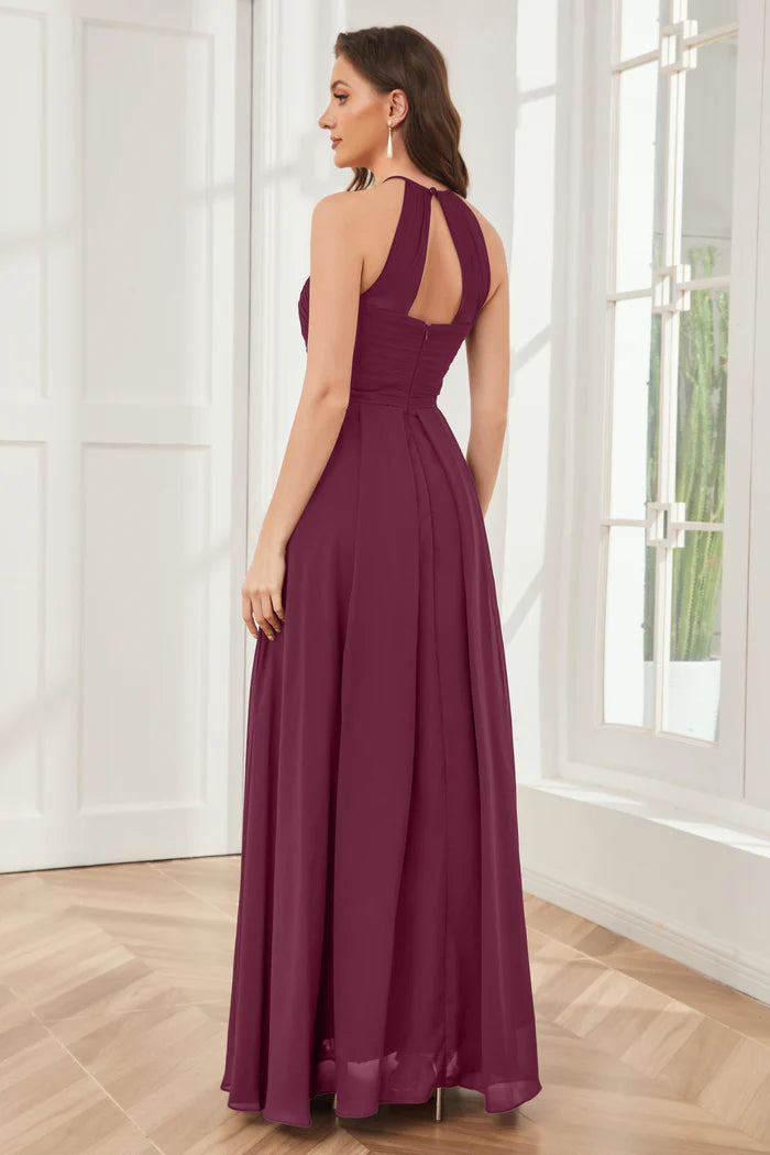 Luxe A-Line Halter-Neck Sleeveless Keyhole-Back Plum Chiffon Floor-Length Bridesmaid Dresses