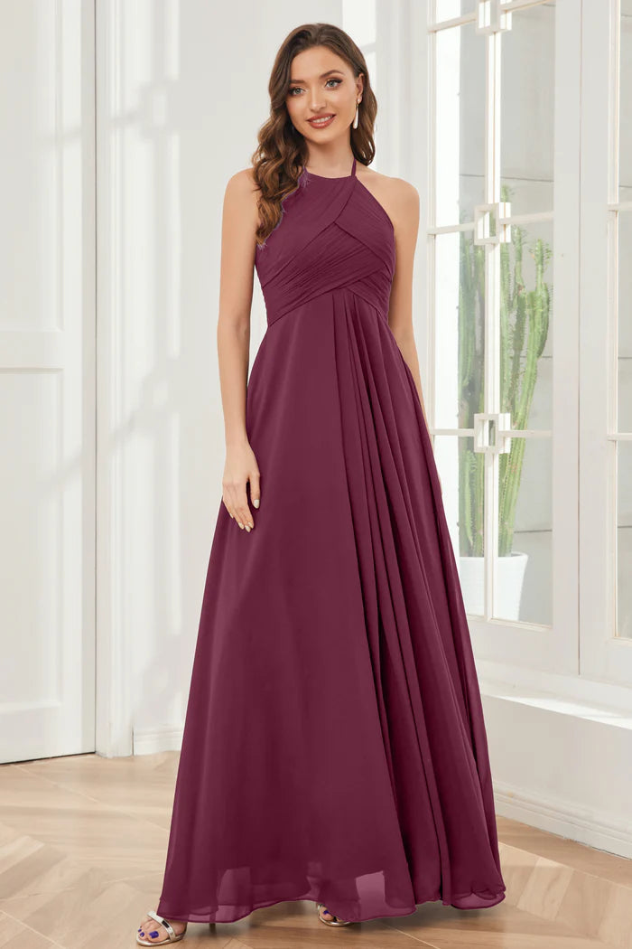 Luxe A-Line Halter-Neck Sleeveless Keyhole-Back Plum Chiffon Floor-Length Bridesmaid Dresses