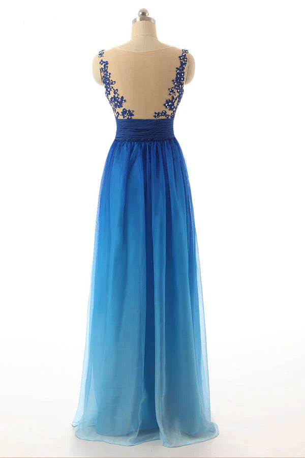 Luxe A-Line Illusion-Neck Lace-Back Ombre Blue Chiffon Floor-Length Bridesmaid Dresses