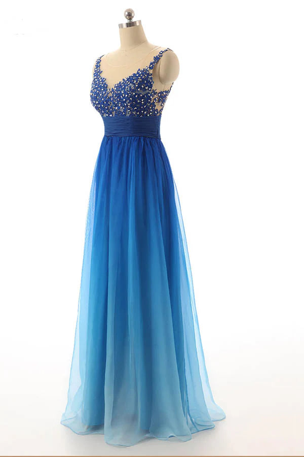 Luxe A-Line Illusion-Neck Lace-Back Ombre Blue Chiffon Floor-Length Bridesmaid Dresses