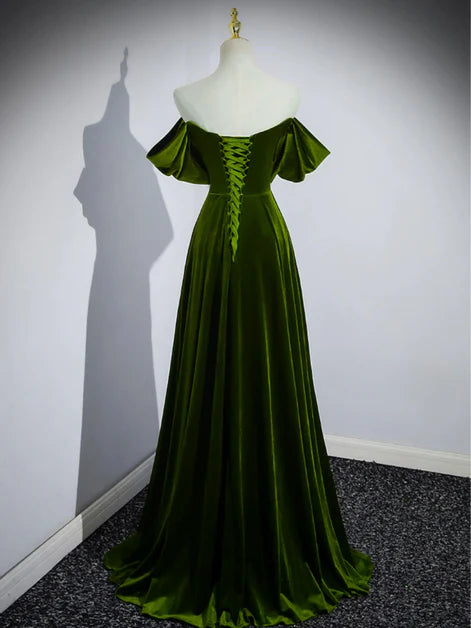 Luxe A-Line Off-Shoulder Velvet Flounce-Sleeve Lace-Up Back Train Length Evening Dresses