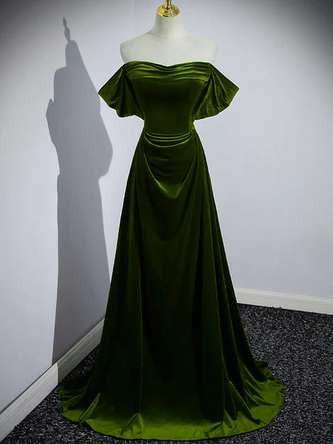 Luxe A-Line Off-Shoulder Velvet Flounce-Sleeve Lace-Up Back Train Length Evening Dresses