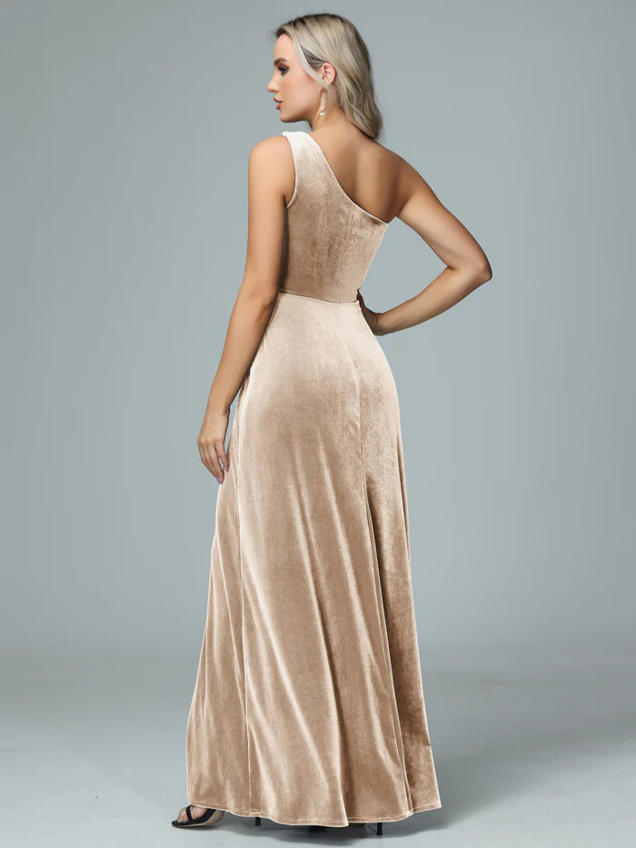 Luxe A-Line One-Shoulder Sleeveless Open-Back Champagne Velvet Floor-Length Bridesmaid Dresses