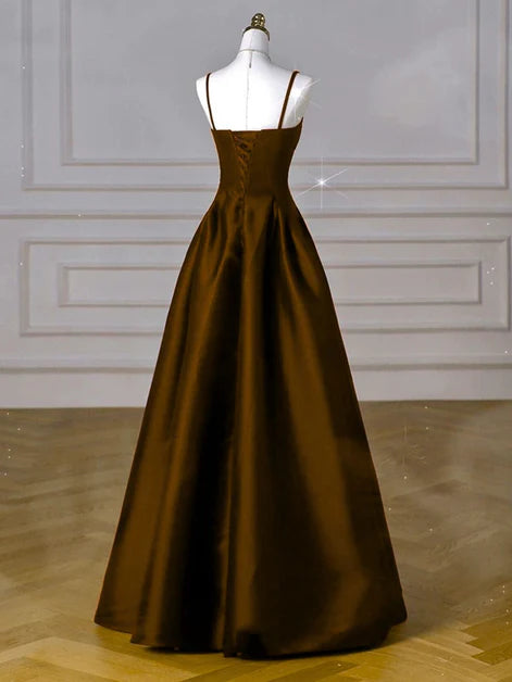 Luxe A-Line Square-Neck Satin Spaghetti-Strap Back-Zip Floor-Length Evening Dresses