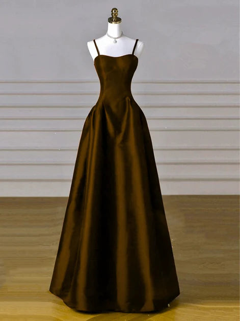 Luxe A-Line Square-Neck Satin Spaghetti-Strap Back-Zip Floor-Length Evening Dresses