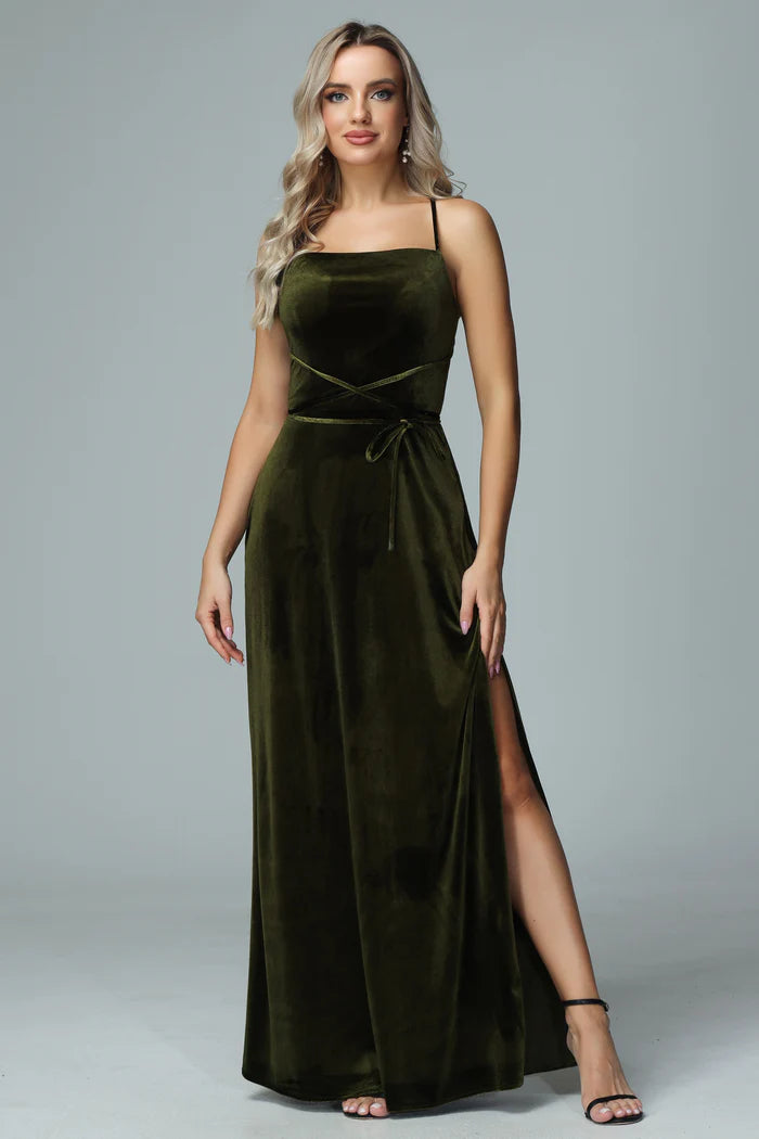 Luxe A-Line Square-Neck Spaghetti-Strap Crisscross-Back Olive Velvet Floor-Length Bridesmaid Dresses