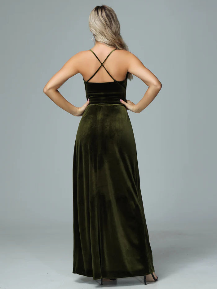 Luxe A-Line Square-Neck Spaghetti-Strap Crisscross-Back Olive Velvet Floor-Length Bridesmaid Dresses