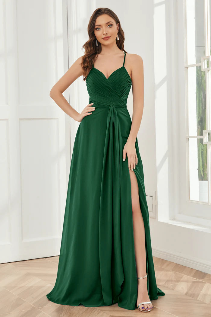 Luxe A-Line Sweetheart Spaghetti-Strap Cross-Back Emerald Satin Floor-Length Bridesmaid Dresses