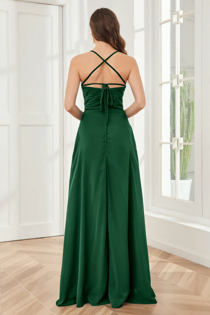 Luxe A-Line Sweetheart Spaghetti-Strap Cross-Back Emerald Satin Floor-Length Bridesmaid Dresses