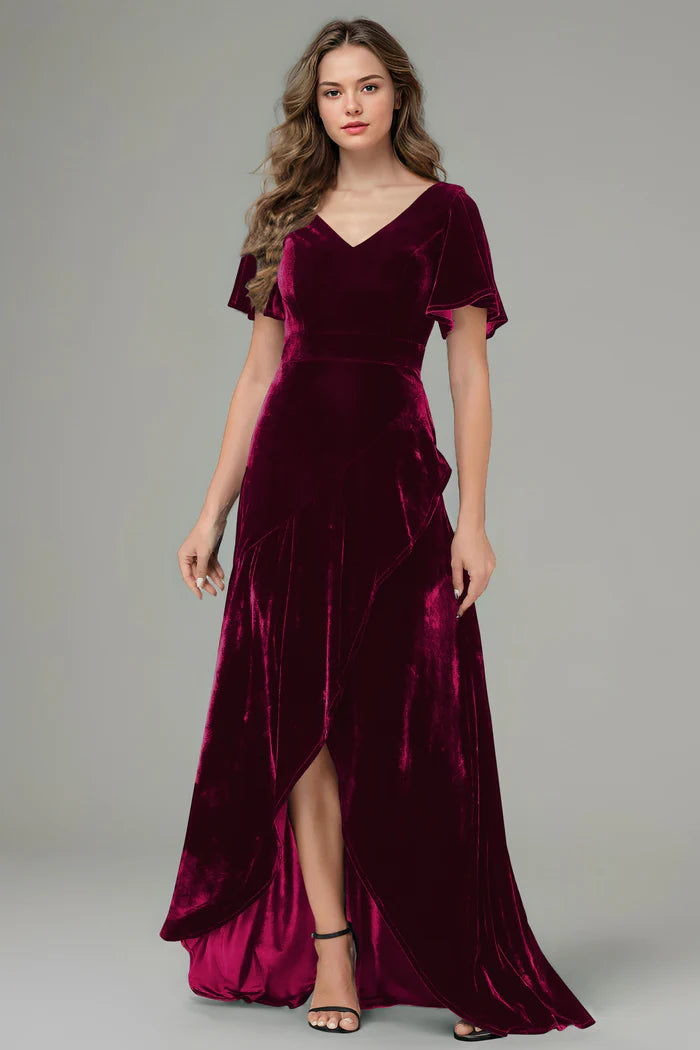 Luxe A-Line V-Neck Flared-Sleeve Open-Back High-Low Floor-Length Bridesmaid Dresses
