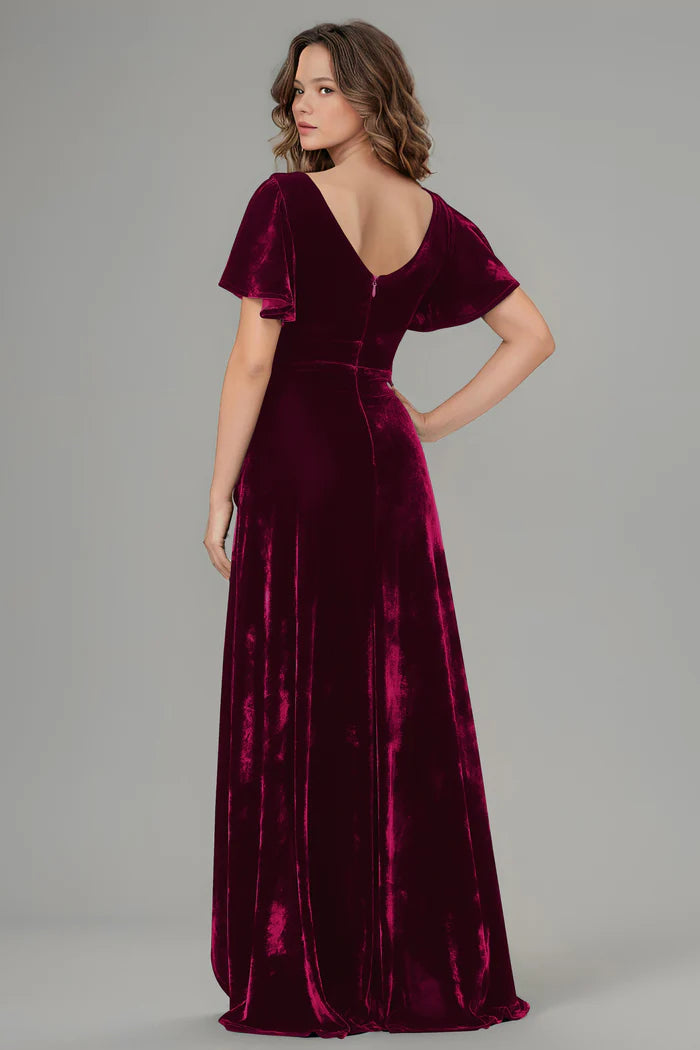 Luxe A-Line V-Neck Flared-Sleeve Open-Back High-Low Floor-Length Bridesmaid Dresses