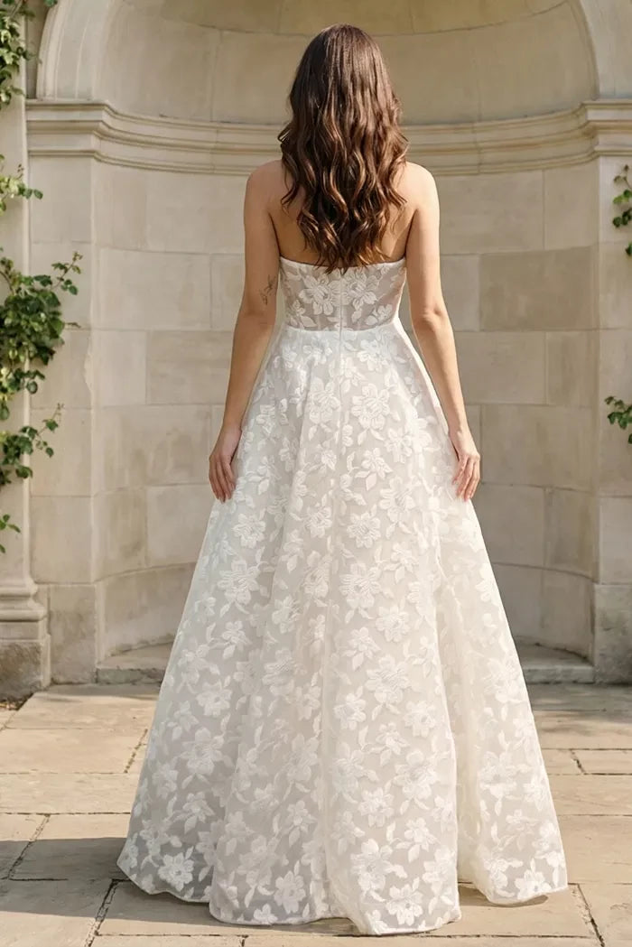 Luxe Ballgown Strapless Keyhole-Neck Floral-Lace Full Length Wedding Dresses