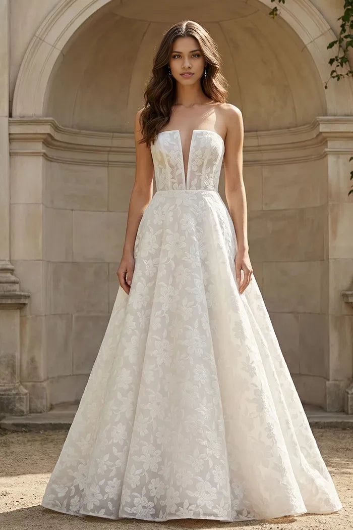 Luxe Ballgown Strapless Keyhole-Neck Floral-Lace Full Length Wedding Dresses
