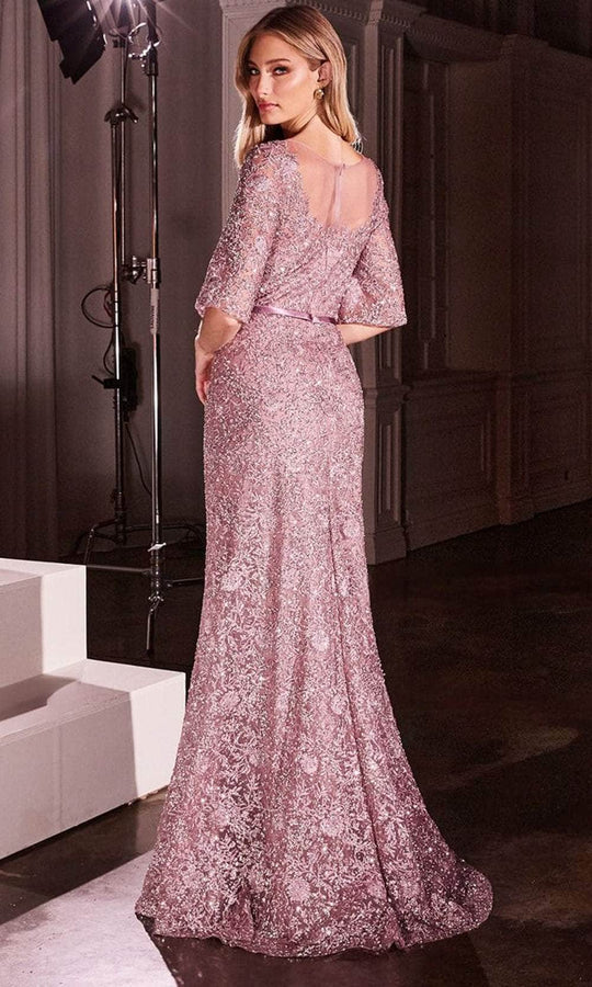 Luxe Mermaid Bateau-Neck Bell-Sleeve-Zip-Back Mauve Beaded Lace Floor-Length Mother of the Bride Dresses
