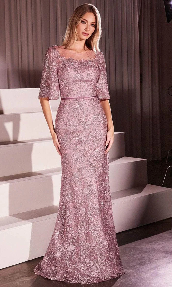 Luxe Mermaid Bateau-Neck Bell-Sleeve-Zip-Back Mauve Beaded Lace Floor-Length Mother of the Bride Dresses