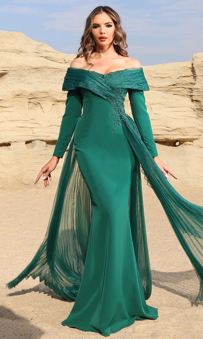 Luxe Mermaid Off-Shoulder Long-Sleeve-Zip-Back Emerald Satin & Chiffon Floor-Length Mother of the Bride Dresses