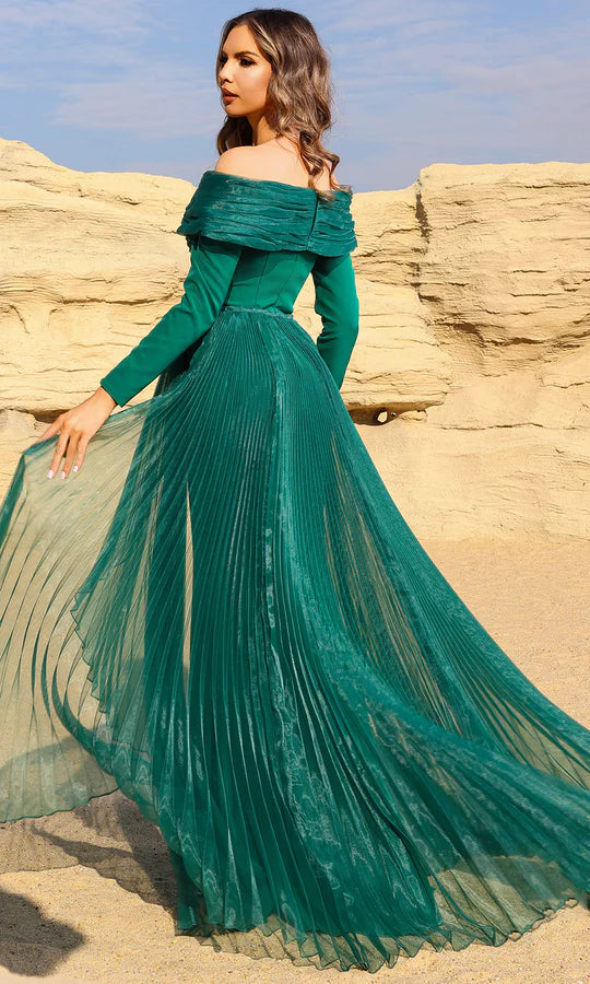 Luxe Mermaid Off-Shoulder Long-Sleeve-Zip-Back Emerald Satin & Chiffon Floor-Length Mother of the Bride Dresses