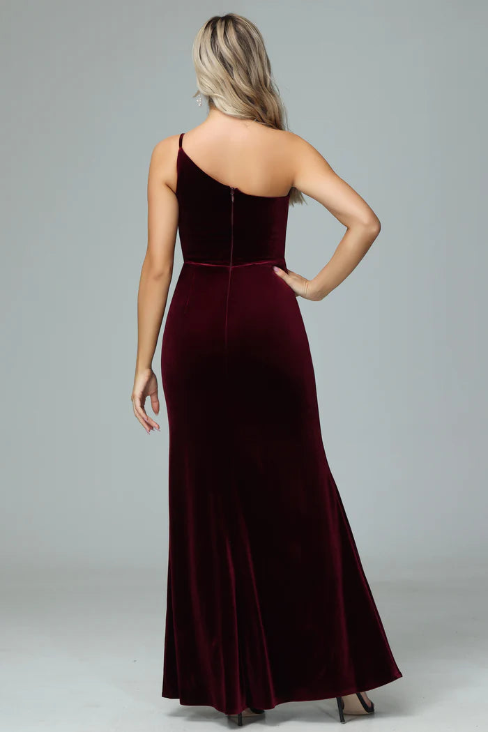 Luxe Mermaid One-Shoulder Sleeveless Closed-Back Burgundy Velvet Floor-Length Bridesmaid Dresses