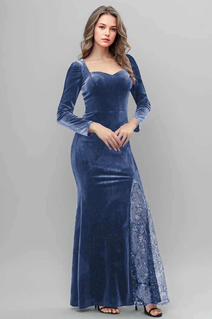 Luxe Mermaid Square-Neck Long-Sleeve Open-Back Sequin-Slit Floor-Length Bridesmaid Dresses