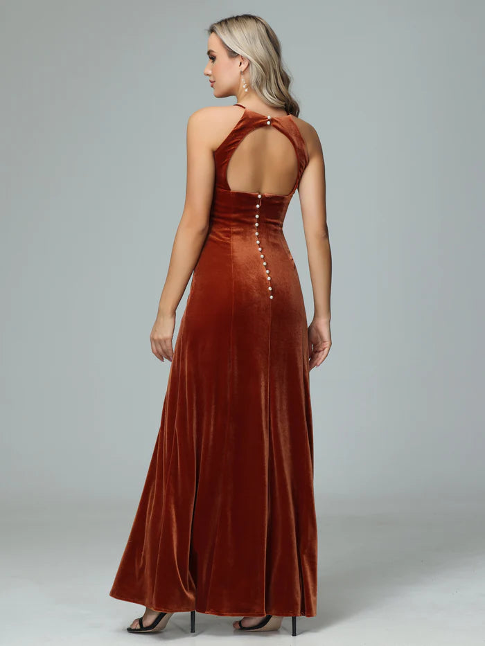 Luxe Sheath Halter-Neck Sleeveless Pearl-Keyhole-Back Terracotta Velvet Floor-Length Bridesmaid Dresses