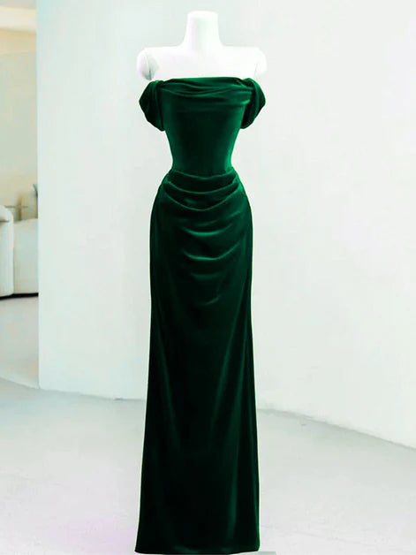 Luxe Sheath Off-Shoulder Velvet Ruched-Bodice Lace-Up Back Floor-Length Evening Dresses