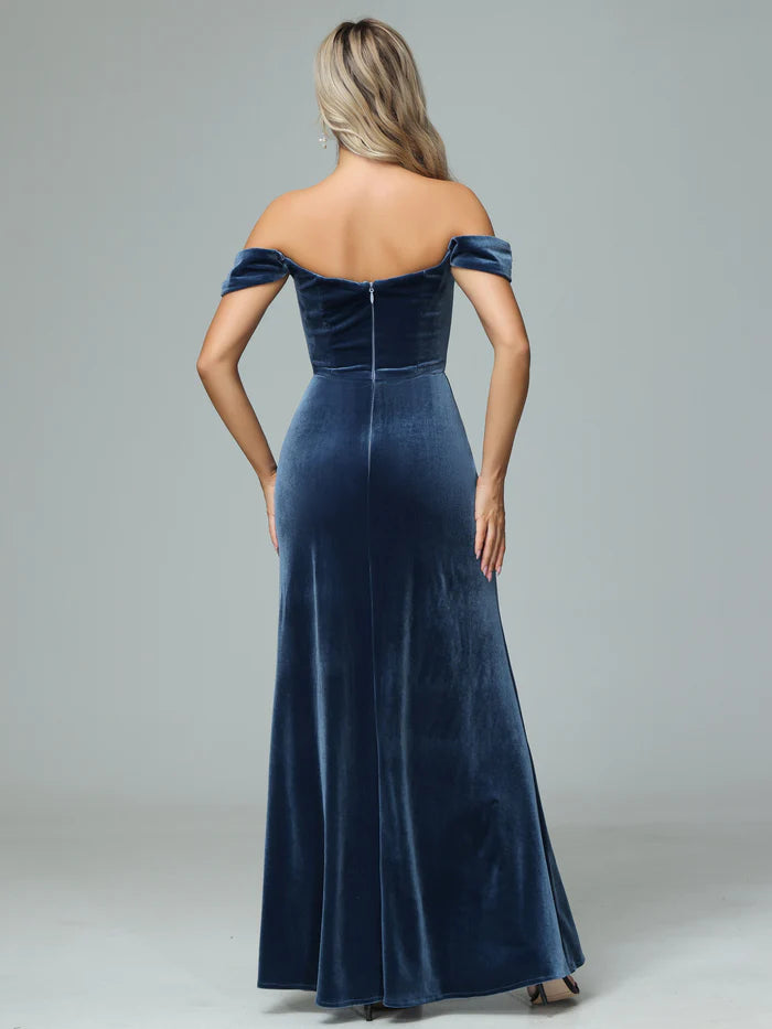 Luxe Sheath Off-the-Shoulder Ruffled-Sleeve Closed-Back Slate Blue Velvet Floor-Length Bridesmaid Dresses