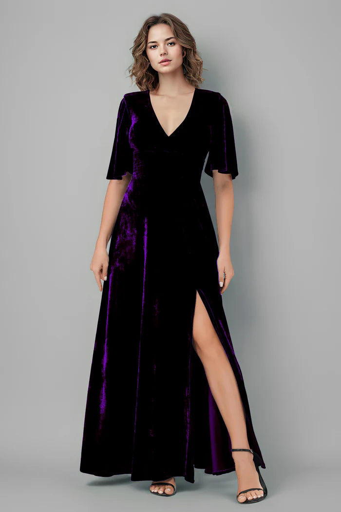 Luxe Sheath V-Neck Flared-Sleeve High-Slit Floor-Length Bridesmaid Dresses