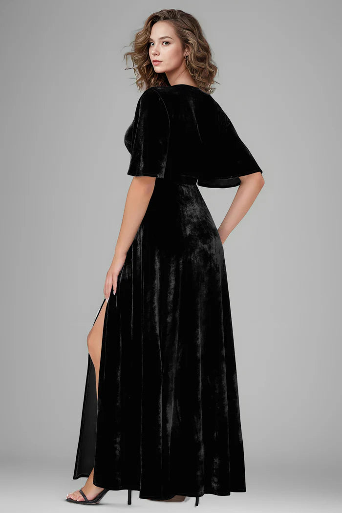 Luxe Sheath V-Neck Flared-Sleeve High-Slit Floor-Length Bridesmaid Dresses