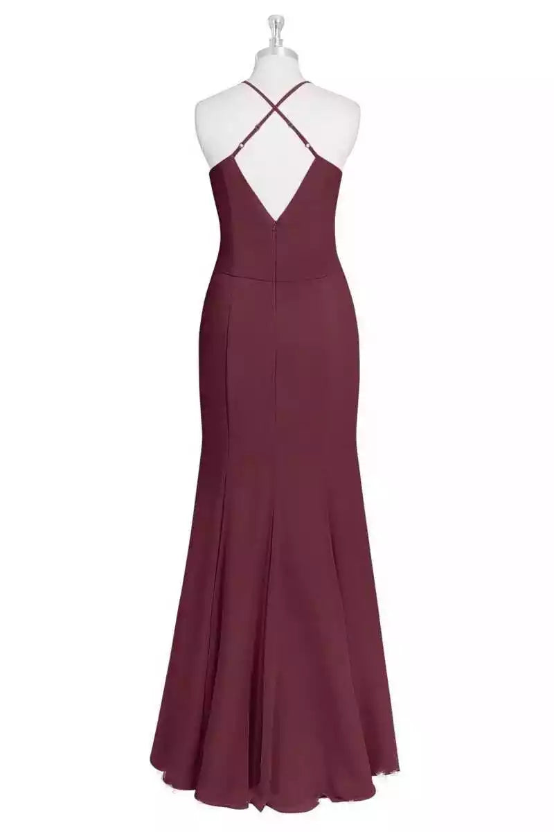 Luxe Burgundy Chiffon Gown with Cross-Back Halter & Mermaid Skirt