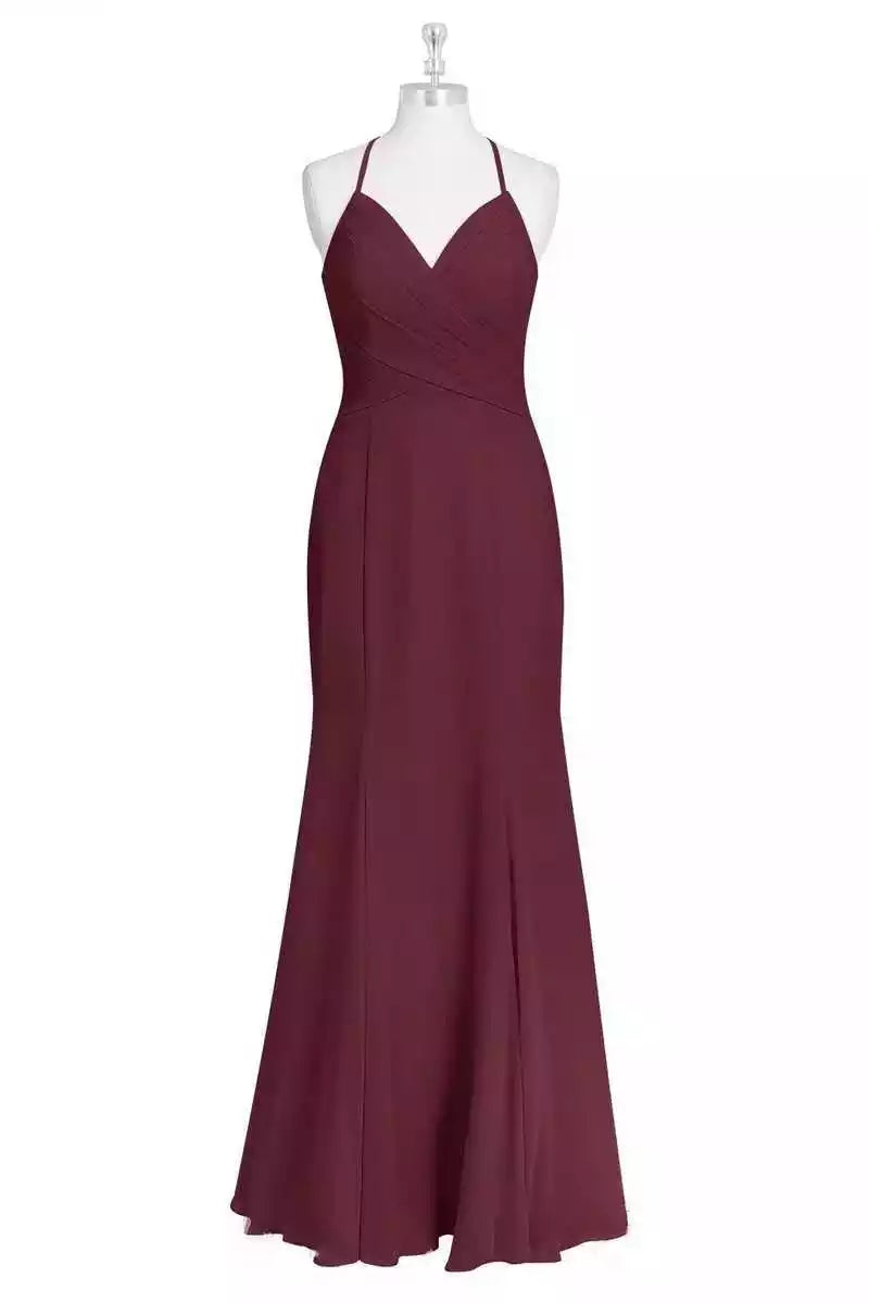 Luxe Burgundy Chiffon Gown with Cross-Back Halter & Mermaid Skirt