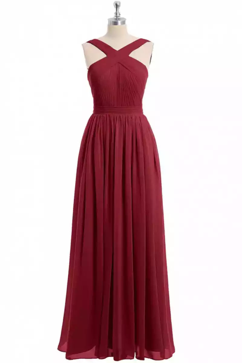 Luxe Burgundy Chiffon Gown with Cross-Halter Neck & Ruched Bodice