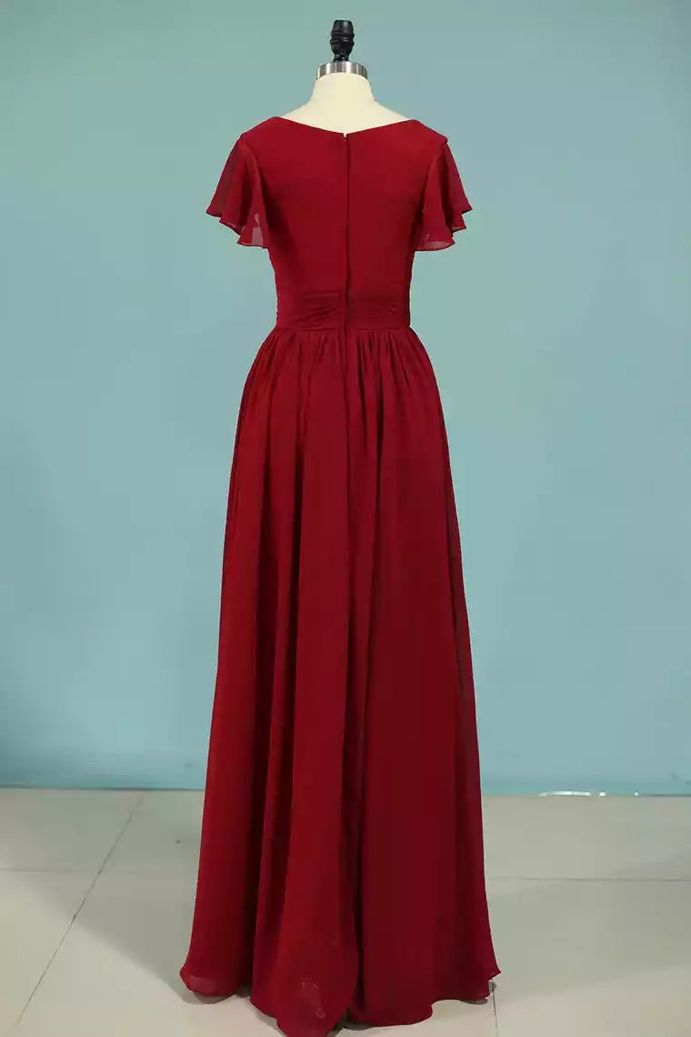 Luxe Burgundy Chiffon Gown with Flutter Sleeves & Ruched Bodice