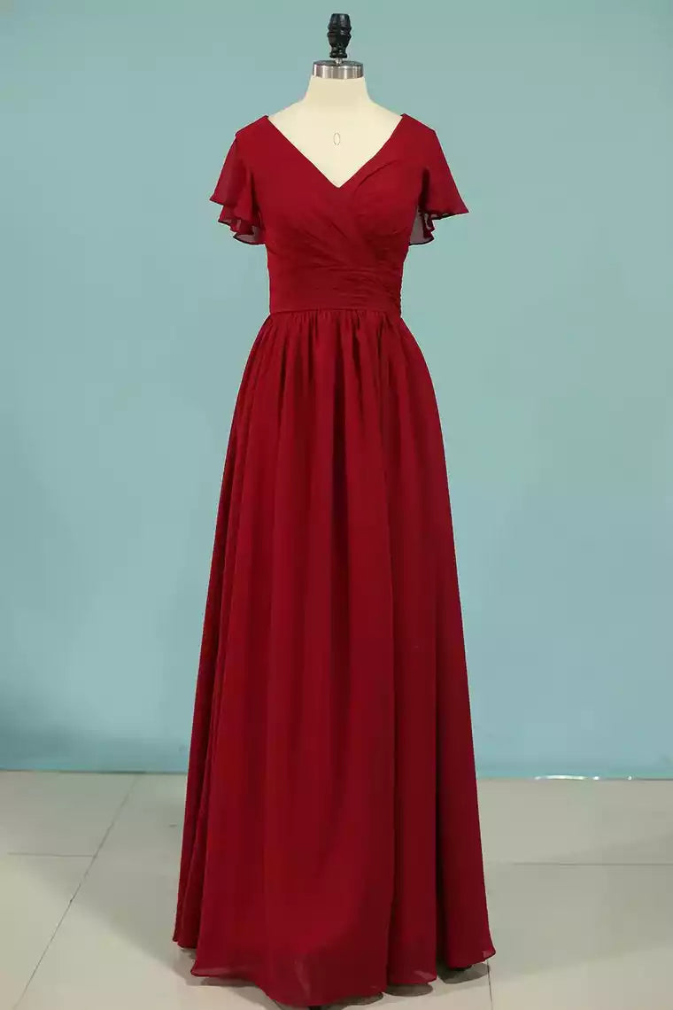 Luxe Burgundy Chiffon Gown with Flutter Sleeves & Ruched Bodice
