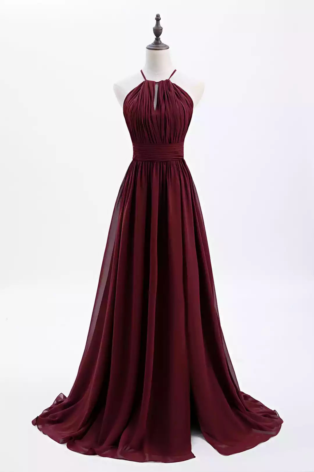 Luxe Burgundy Chiffon Gown with Halter Deep V-Back & Ruched Bodice