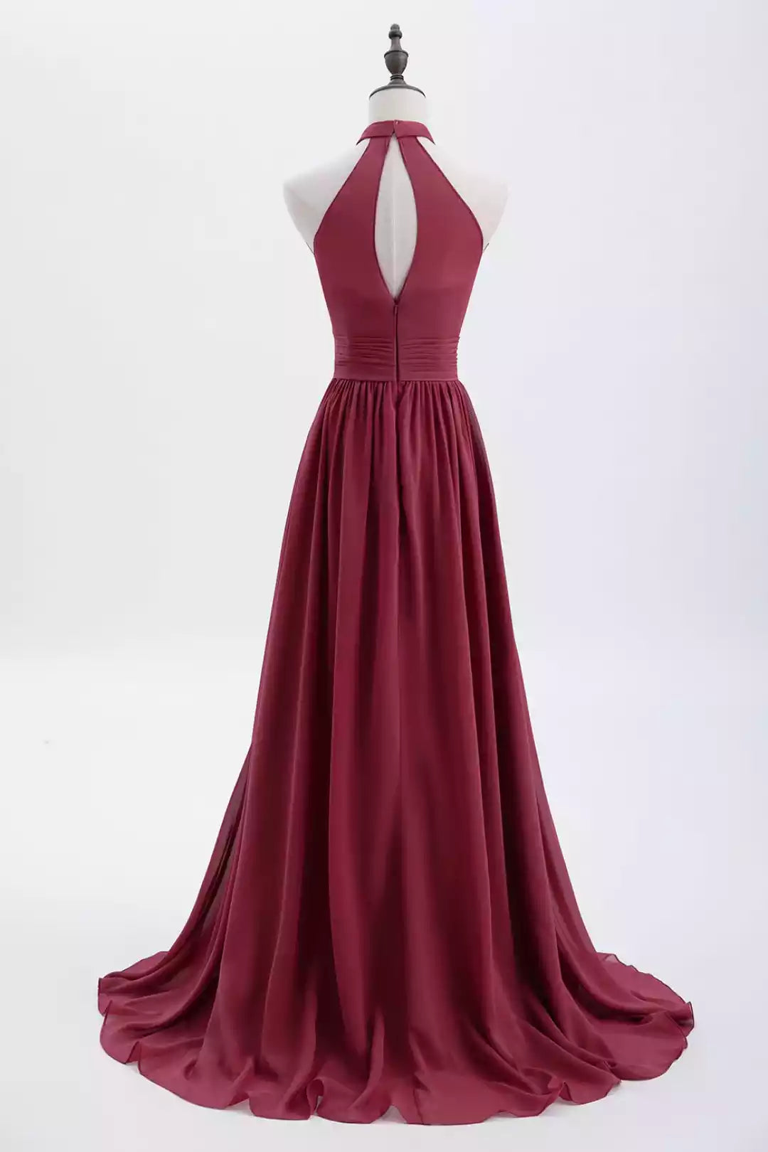 Luxe Burgundy Chiffon Gown with Halter Deep V-Back & Slit Skirt